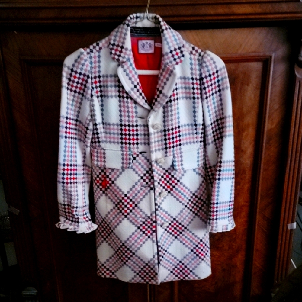 Red and White Juicy Couture Trench Coat with Classic Plaid Design